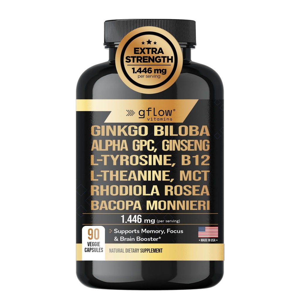 Ginkgo Biloba Alfa GPC Panax Clooney L Tyrosine ile L Theanine, Bacopa monnieri, Rhodiola Rosea, Phosphatidylserine, B12, MCT, DMAE - Kompleks | Made in USA