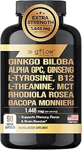 Ginkgo Biloba Alfa GPC Panax Clooney L Tyrosine ile L Theanine, Bacopa monnieri, Rhodiola Rosea, Phosphatidylserine, B12, MCT, DMAE - Kompleks | Made in USA