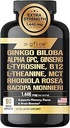 Ginkgo Biloba Alfa GPC Panax Clooney L Tyrosine ile L Theanine, Bacopa monnieri, Rhodiola Rosea, Phosphatidylserine, B12, MCT, DMAE - Kompleks | Made in USA