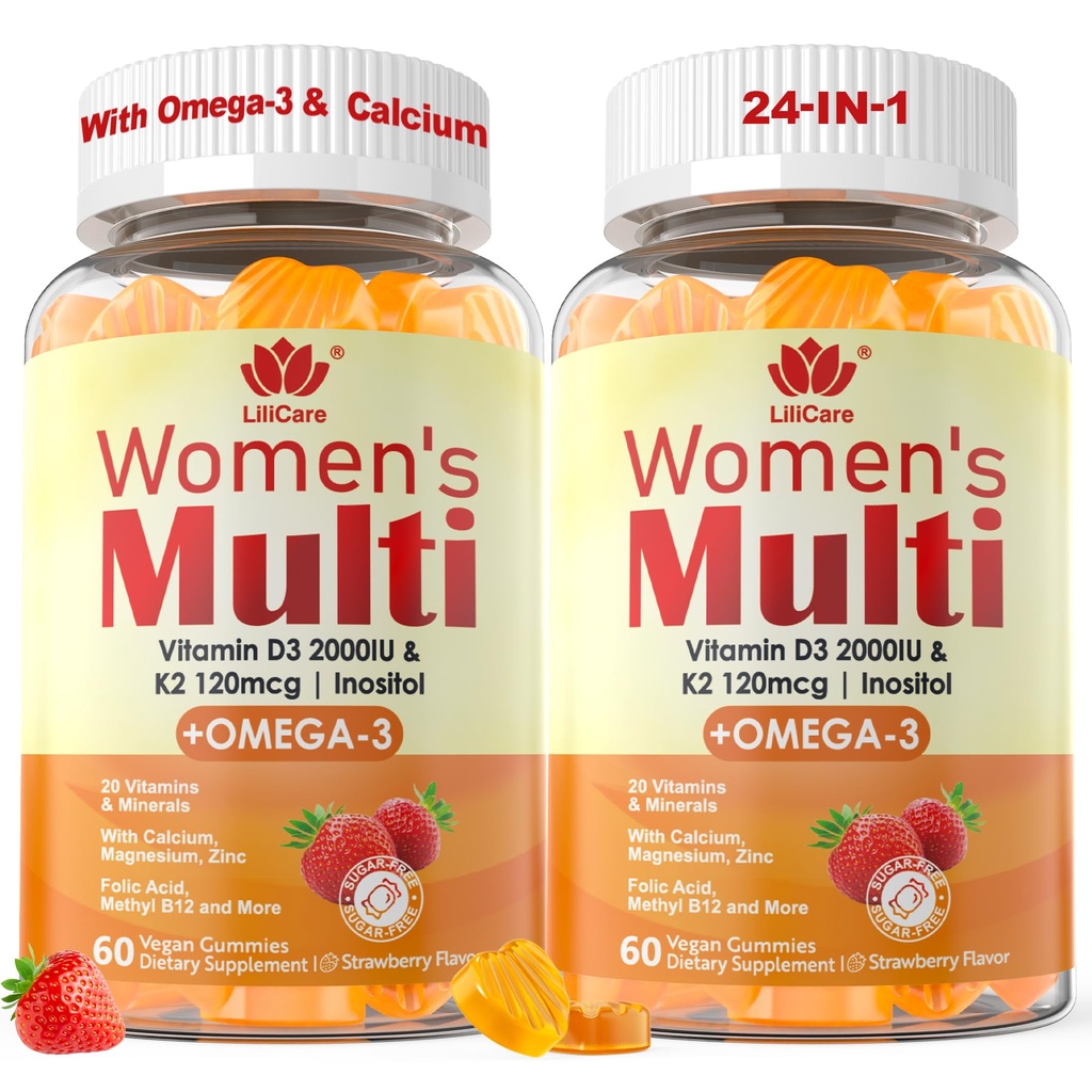 Kadınlar Omega 3 (DHA/EPA) ile Çokvitamin Gummy, Vitamin D3 K2, Kalsiyum, Inositol, Daily Womens A C E B Complex, L-MethylFolate, Methyl B12,Sugar Free Mets Mineralleri, 120Cts