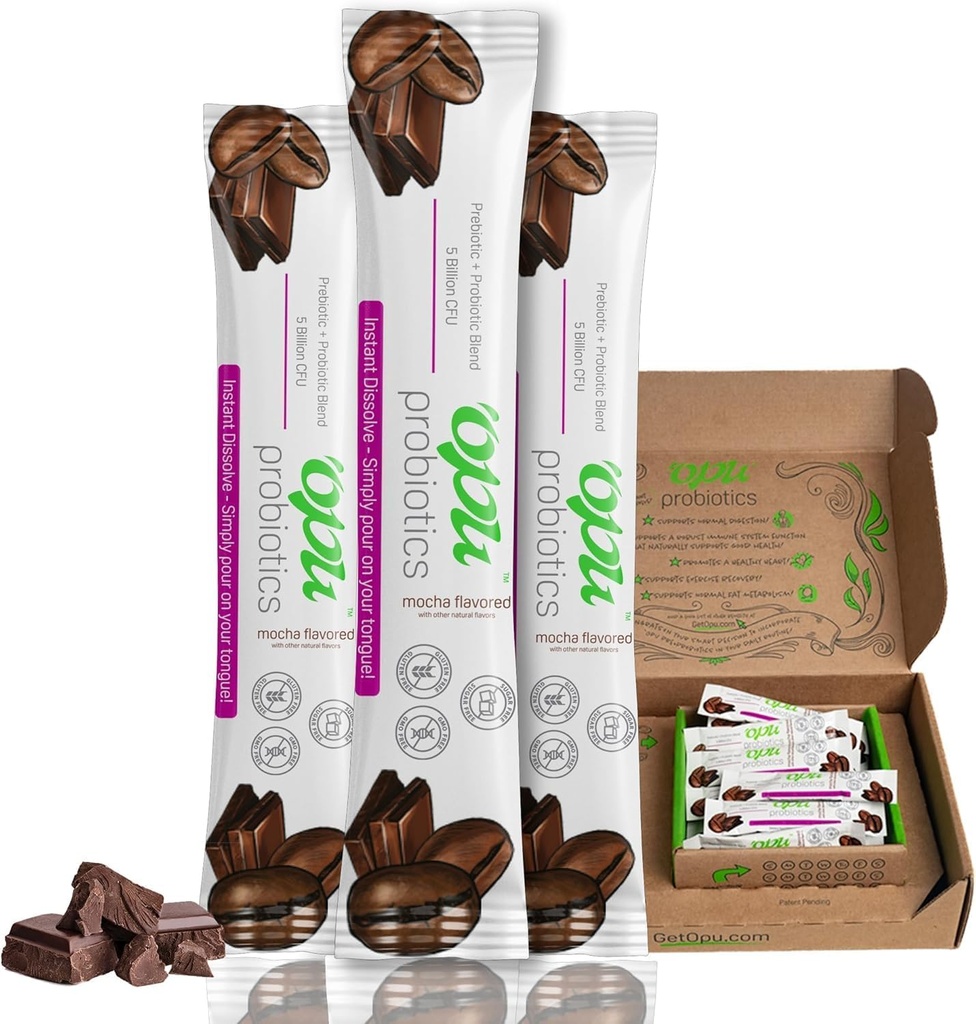'Opu Probiotics Mocha Instant-Dissolve - One Month Supply - 5 Billion CFU's - Men, Women & Children w/Prebiotics Sugar Free, Gluten Free, Non GMO