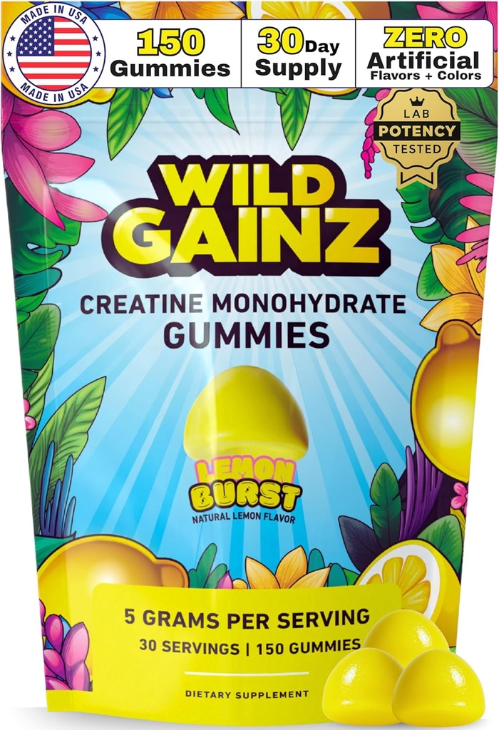 Erkekler ve Kadınlar 5000 mg için Kreatin Monohidrat Gummies - ABD'de Made in USA, Potency Tested, Vegan, Supports Muscle growth, Strength & Cognitive Function, Non-GMO Gluten-Free Lemon Flavored Tinatine 150 Chews