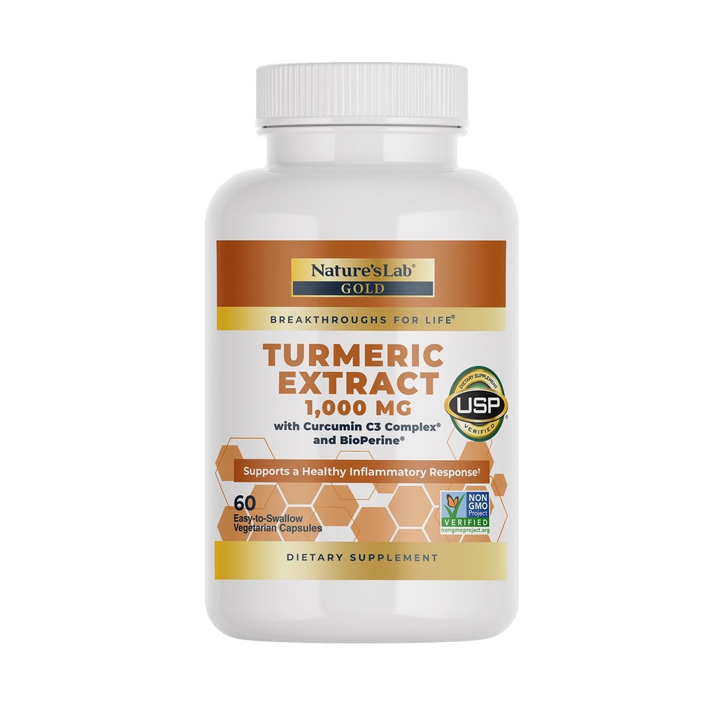 Nature's Lab Turmeric Extract with Curcumin C3 & BioPerine 1000mg - Cardiovascular, Digestion and Immune Health - 60 Capsules (30 Day Supply)