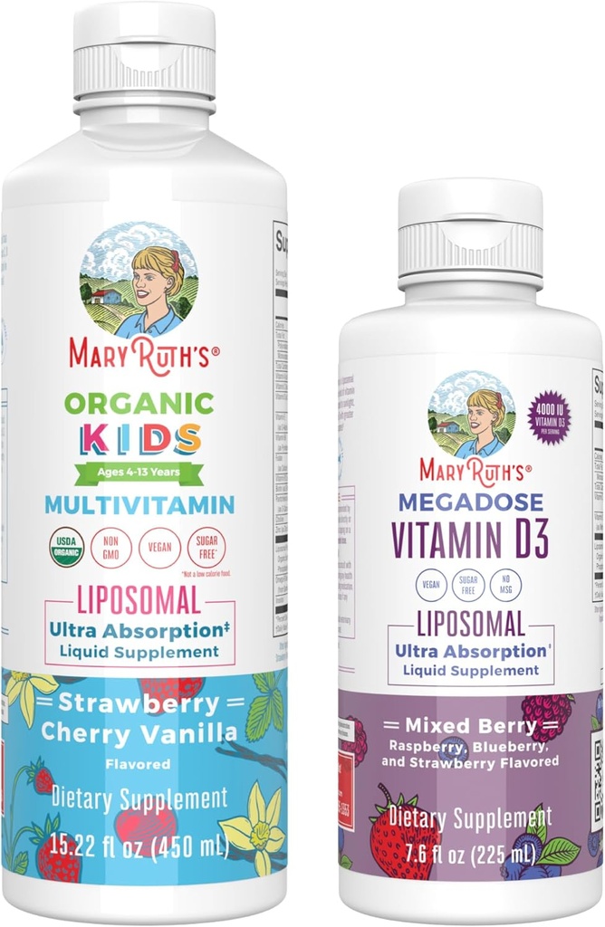 MaryRuth Organics Kids Multivitamin Liposomal (Strawberry Cherry & Vanilla) & Vitamin D3 Liposomal (Mixed Berry) Temiz Etiket Projesi Immunity & General Wellness, Vegan, Non-GMO