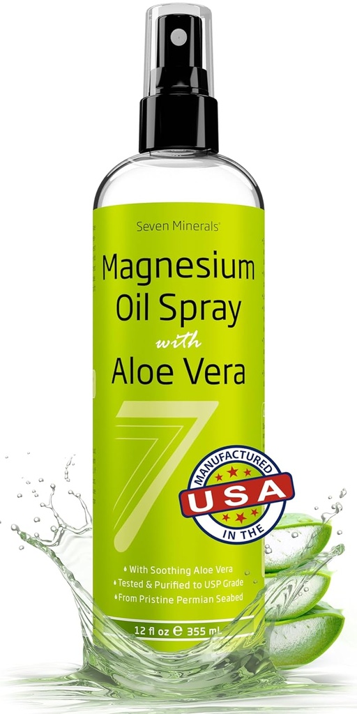 Aloe Vera 12oz - Farmasötik (USP) Grade ile 7 Minerals Pure Magnezyum Oil Spray with Aloe Vera 12oz - Farmasötik (USP) Grade, Ayaklar için Anında Yardım ile En Yüksek Güç, Uyku, Kas Ağrı & Cramps - ABD'de Mined