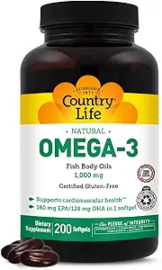 Country Life Omega-3 Fish Oil Supplement, 1000mg, 180mg EPA & 120mg DHA, Fish Oil Concentrate, Burpless, 200 Softgels, Certified Gluten Free