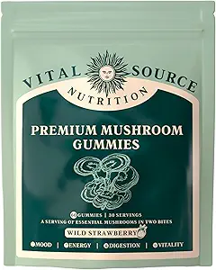 Vital Source Beslenme - Premium Mushroom Gummies - Vitality, Digestion & Energy Support - 10 Premium Mushrooms - Vegan, Gluten-Free & Halal - Wild Strawberry - 60 Gummies - 30 Hizmet