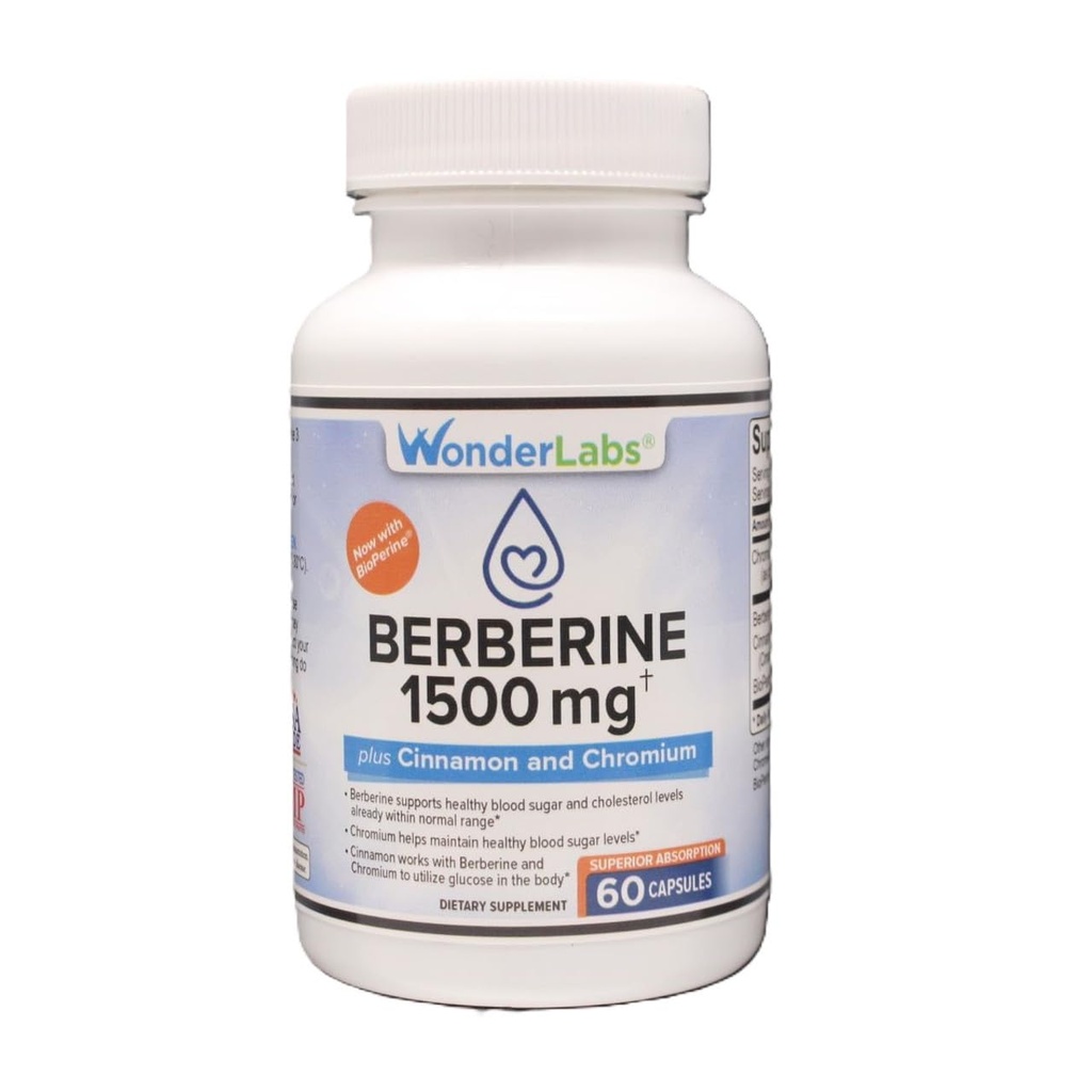 Wonder Laboratories Berberine HCL 1,500 mg + Cinnamon, Kromium, & Bioperine Care for Glucose, Heart & Immune System Health Gluten & GMO Free - 60 Capsules