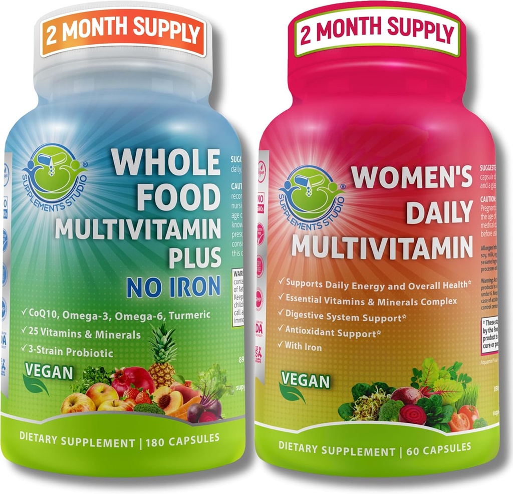 SUPPLEMENTSs Kapsamlı Kadın Multi-Sistem Desteği Duo - Demir + Kadınlarla Günlük Multivitamin - Vegan, Non-GMO, Clean Daily Wellness Support