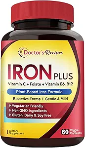 Doktor'un Demir Tartları, Iron Bisglycinate ile C, B6, Folate & B12, Non-Constipating, Stomach Friendly, Gentle Iron Pills for Iron Deficiency, Blood & Energy Support, 60 Vegan Caps