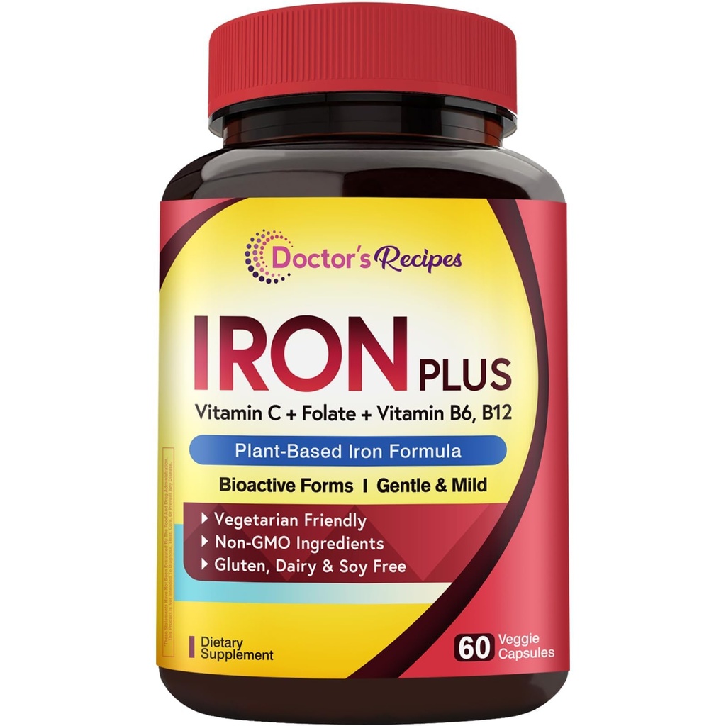 Doktor'un Demir Tartları, Iron Bisglycinate ile C, B6, Folate & B12, Non-Constipating, Stomach Friendly, Gentle Iron Pills for Iron Deficiency, Blood & Energy Support, 60 Vegan Caps
