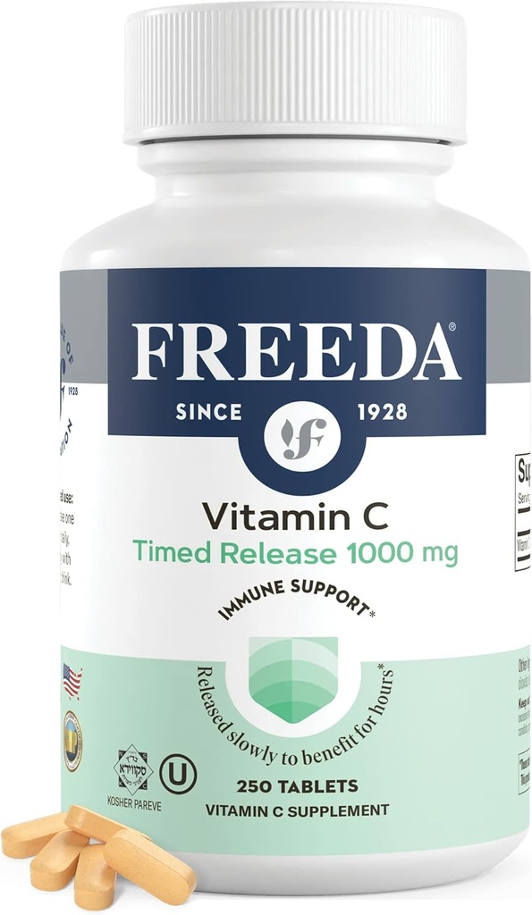 FREEDA Vitamin C - Timed Release 1000mg – Slow- Release για υποστήριξη ανοσοποιητικών & αντιοξειδωτικών, Gentle on Stomach, Kosher & Vegan, δισκία υψηλής απορρόφησης (250 δισκία)