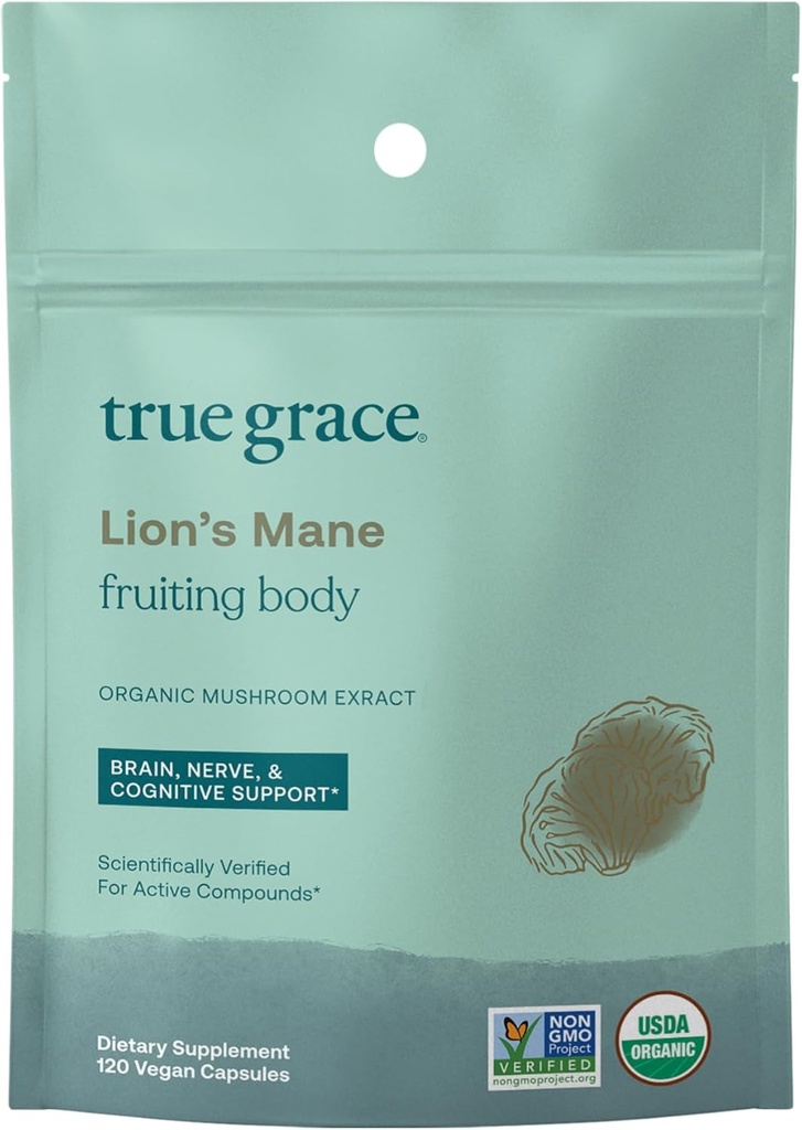 True Grace Mushroom Lion's Mane Brain, Nerve & Bilişsel Destek - 120 Kont Capsules - Organik Organik