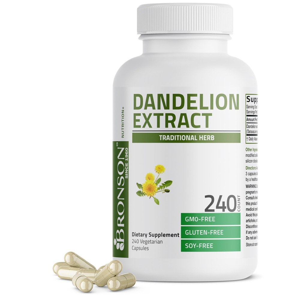 Bronson Dandelion Root High Potency Supplement, υποστηρίζει γενικά καλή υγεία & ευεξία, παραδοσιακό διουρητικό βότανα - μη ΓΤΟ, 240 κάψουλες χορτοφάγων