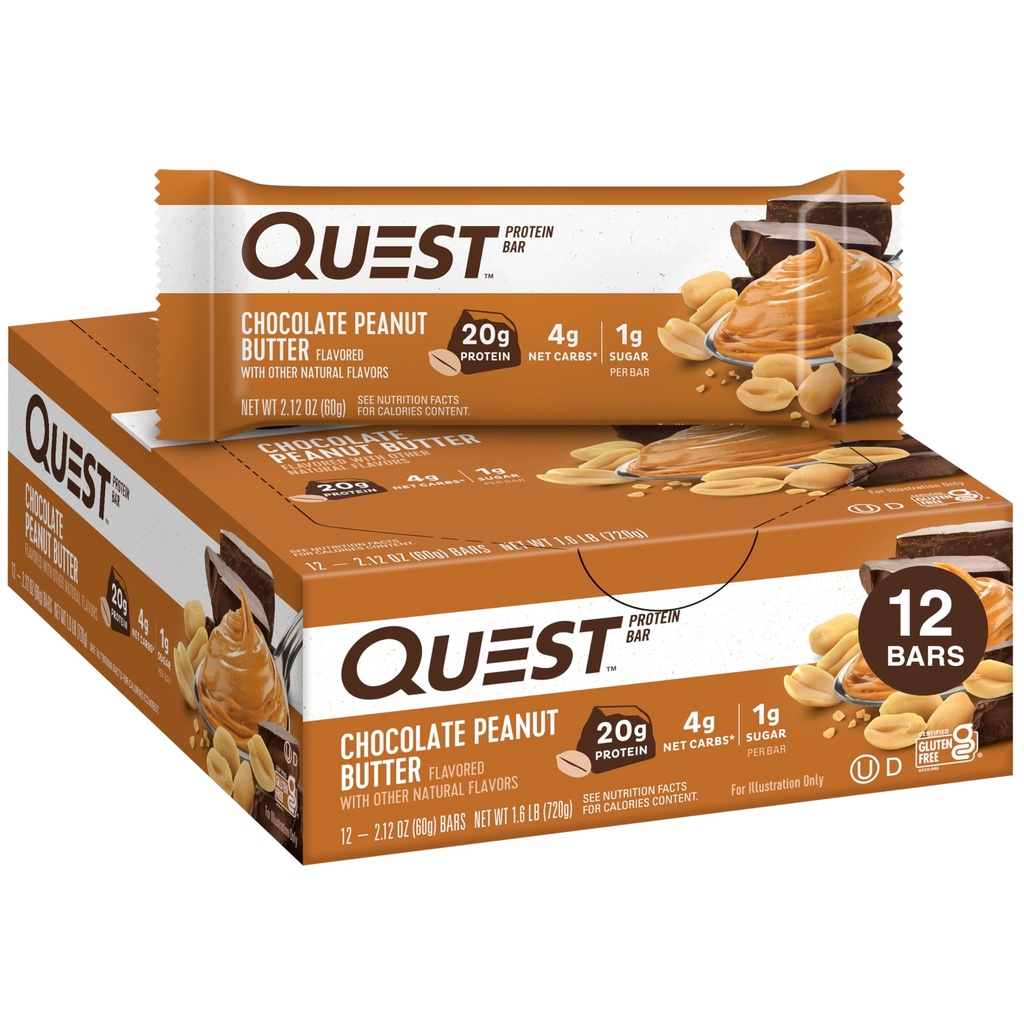 Quest Nutrition Peanut Butter Bars, 20g Protein, 1g Sugar, 4g Net Carb, Gluten Free, Keto Friendly, 12 Count
