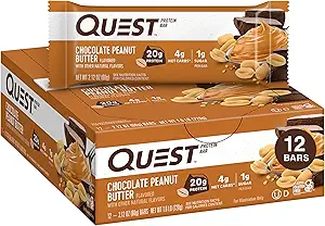 Quest Nutrition Peanut Butter Bars, 20g Protein, 1g Sugar, 4g Net Carb, Gluten Free, Keto Friendly, 12 Count