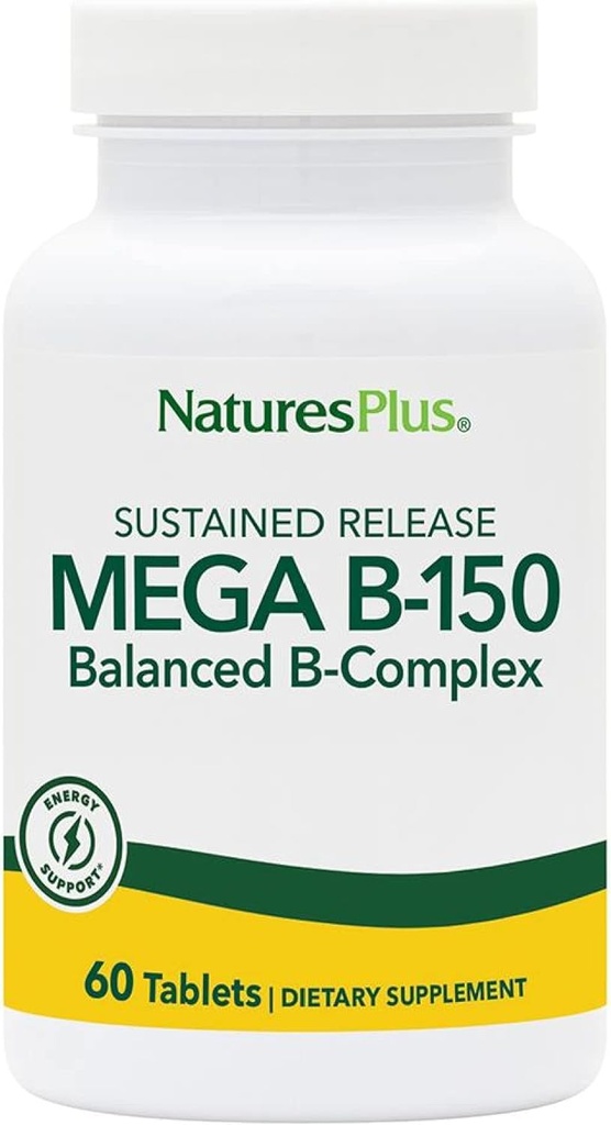 Natures Plus Mega B150 Complex, Παρατεταμένη απελευθέρωση - 60 χορτοφαγικά δισκία - Μέγιστη ισχύς B Complex Vitamin Supplement - Χωρίς γλουτένη - 60 μερίδες