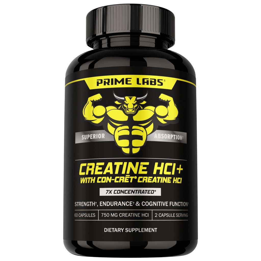 Prime Labs Kretine HCl Capsules - CON-CRĒT®, Rhodiola Root Extract, & L-Theanine - Muscle Support, Endurance, Cognitive Function - for Men & Women - 60 Pills