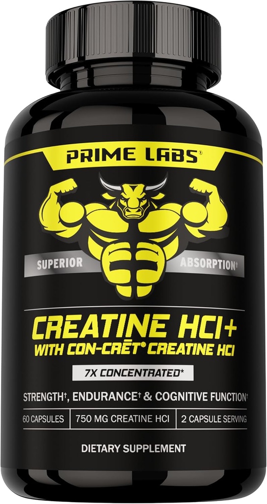 Prime Labs Kretine HCl Capsules - CON-CRĒT®, Rhodiola Root Extract, & L-Theanine - Muscle Support, Endurance, Cognitive Function - for Men & Women - 60 Pills