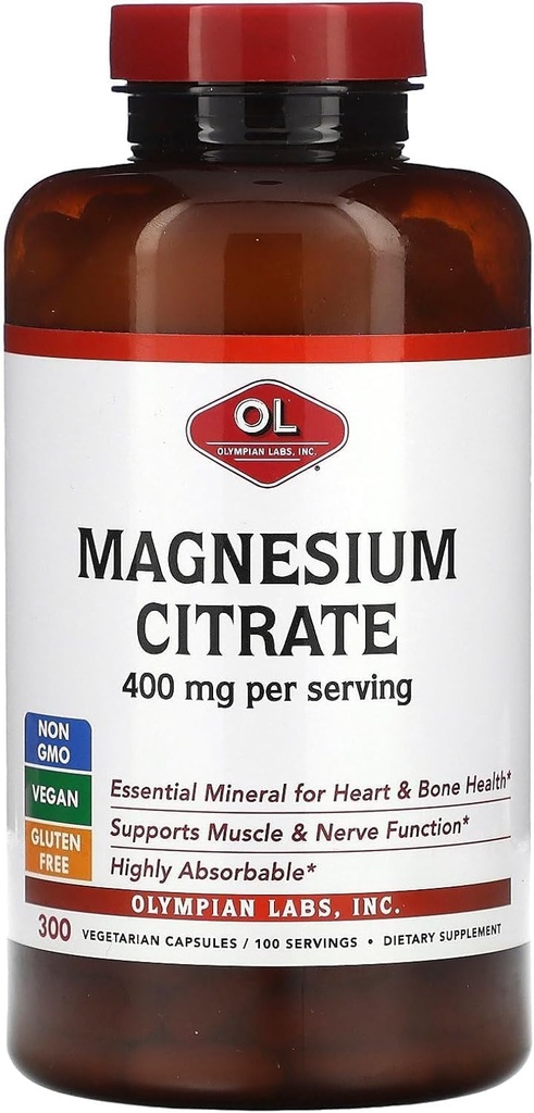 Olympian Labs Magnezyum Citrate 400 mg - 300 Capsules - Easy Absorbable, Sağlıklı Kemikleri Desteklemek, Sağlıklı Kalp ve Kalsiyum Absorbable