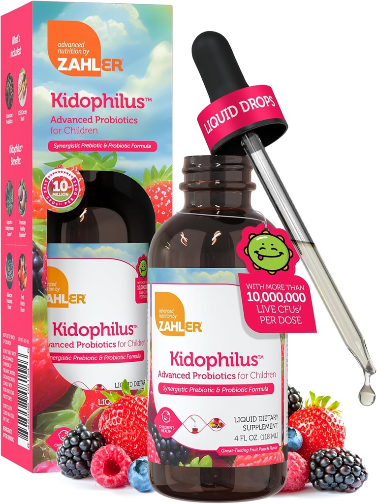 Zahler - Kidophilus Liquid Drops Probiotics για παιδιά (4 Fl Oz) Πιστοποιημένα Kosher Kids Probiotic για υγιή πέψη & ανοσοποιητική υποστήριξη - Fruit Punch Flavored Children's Probiotic Drops Συμπλήρωμα