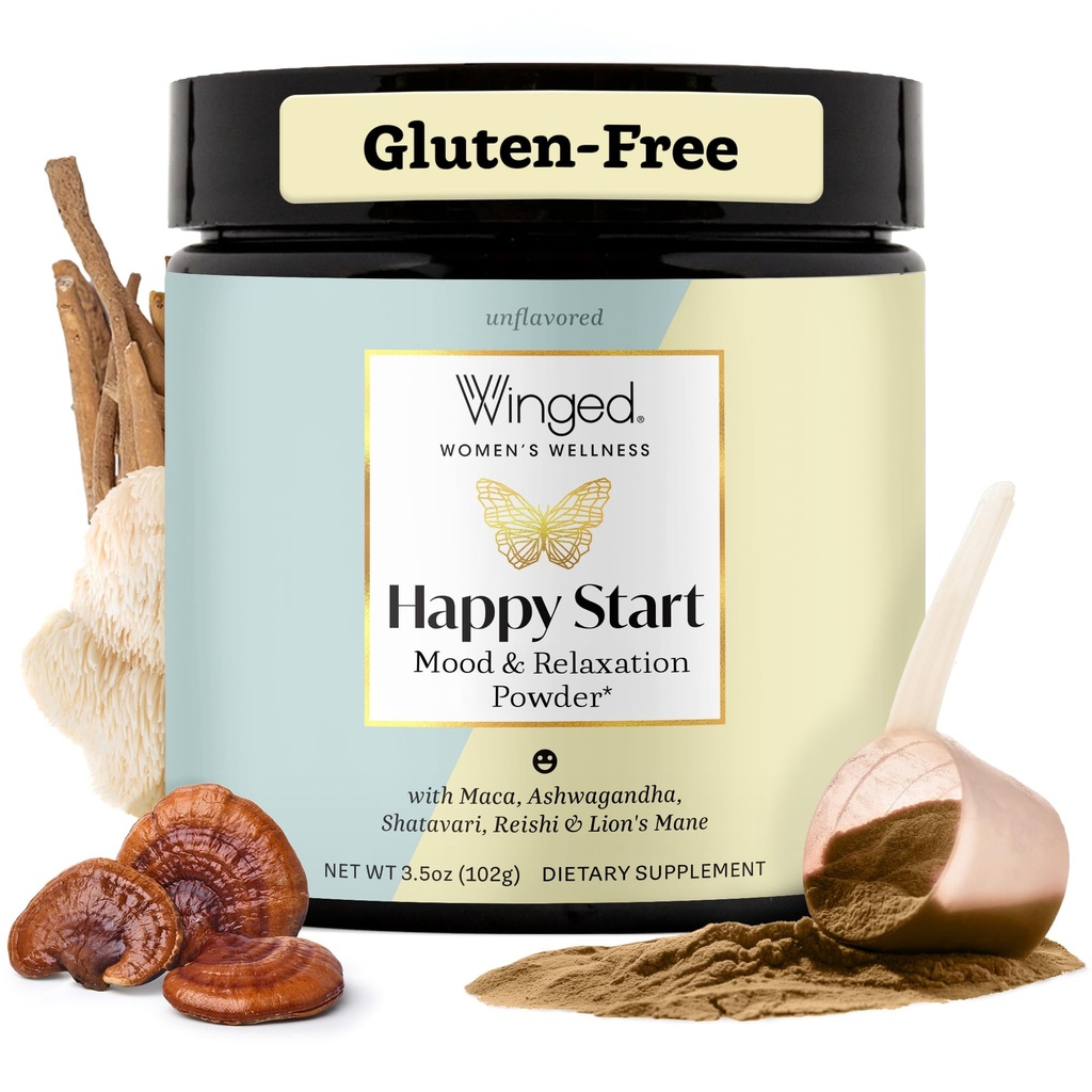 Winged Wellness Happy Start, Mood Boosting Drink Mix Toz for Women - Happy Mind & Hormonal Health, Mood Support Supplement with Red Maca, Ashwagandha, Mushrooms & More - 30 Services
