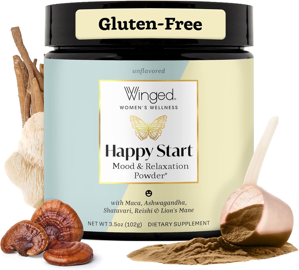 Winged Wellness Happy Start, Mood Booting Drink Mix Powder for Women - Happy Mind & Hormonal Health, Mood Support Supplement with Red Maca, Ashwagandha, Mushrooms & More - Σοκολάτα, 30 Services