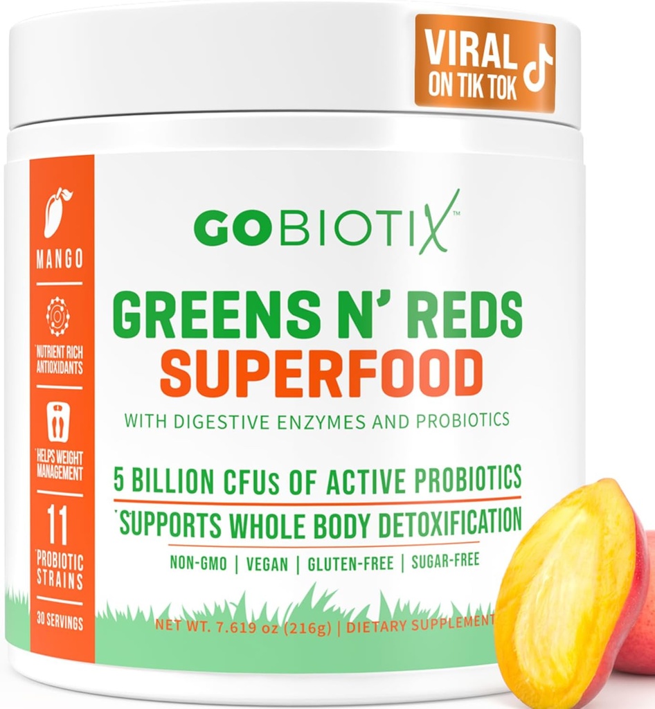 GOBIOTIX Super Greens ve Reds Toz - Red ve Green Superfood - Probiyotik Supplement - Digestive Enzymes and Beet Root Toz - Organik Tüm Gıdalar Diyetsel Tamam (Mango, 1 Pack)