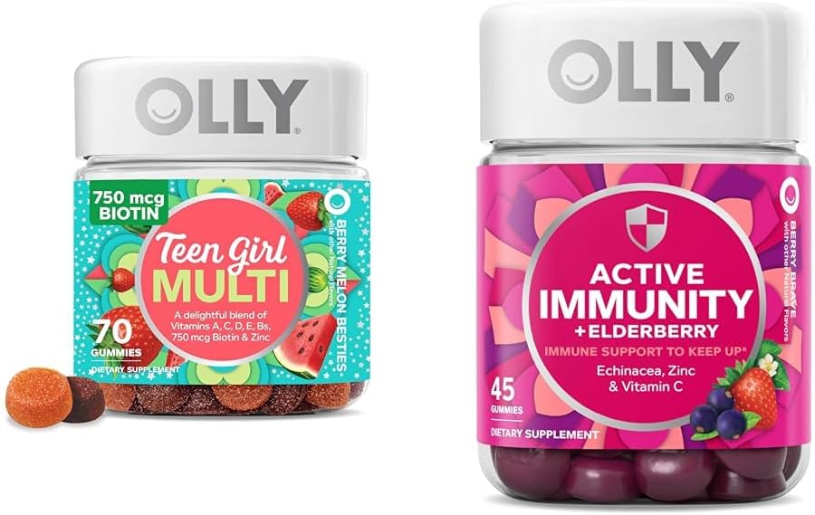 OLLY Teen Girl Multi Gummy, Sağlıklı Skin ve Immune Support, 15 Temel Vitaminler, 70 Kont Gummy Active Immunity+Elderberry, 45 Gummies, Berry Flavor
