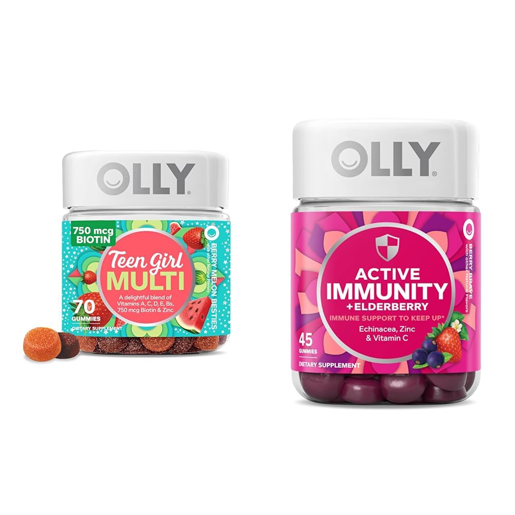 OLLY Teen Girl Multi Gummy, Sağlıklı Skin ve Immune Support, 15 Temel Vitaminler, 70 Kont Gummy Active Immunity+Elderberry, 45 Gummies, Berry Flavor
