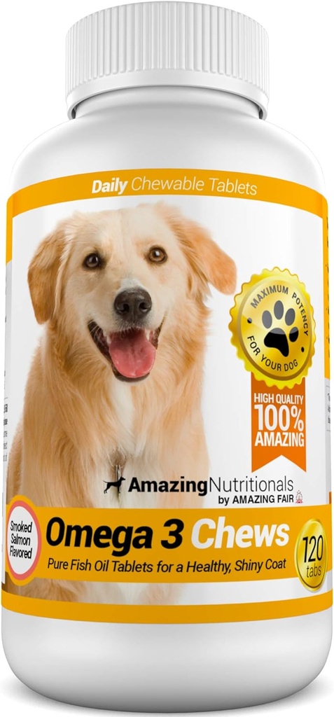 Amazing Omega 3 for Dogs - Ωμέγα 3 Fish Oil for Dogs συμπλήρωμα για Ichy Skin Relief για ξηρό δέρμα και καυτές κηλίδες και Shedding Coat με EPA και DHA λιπαρά οξέα - 120 μύγες σολομού γεύση