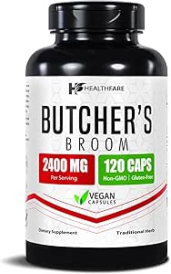 Healthfare Butchers Broom Supplement | Capsules Extract 2400 mg | 120 Vegetarian Pills | Premium Herbal Root Supplement | Circulation & Vein Support | Non-GMO, Gluten-Free | Made in USA