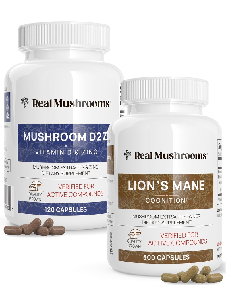 Real Mushrooms Vitamin D2, çinko, Chaga, Reishi (120ct) ve Lion's Mane (300ct) Sche - Immunity and Cognitive Support, Chelated Çinko for I improve Abors - Vegan, Gluten Free, Non-GMO