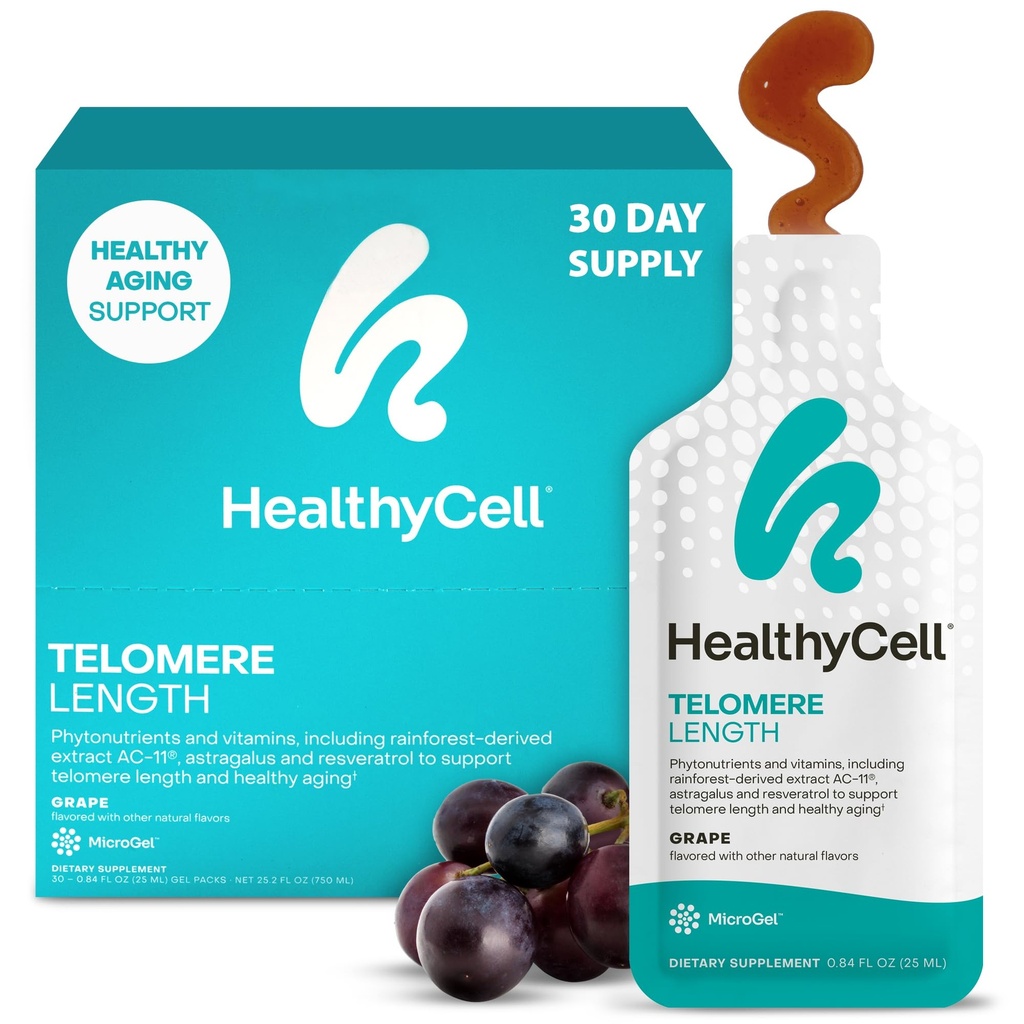 SağlıklıCell Telomere Uzunluk Supplement - Anti-Aging Telomere Totaling Supplements with Phytonutrients & Vitamins for Cellular Health - AC-11, Astragalus & Resveratrol - 30 Gel Packs, Grape Flavored