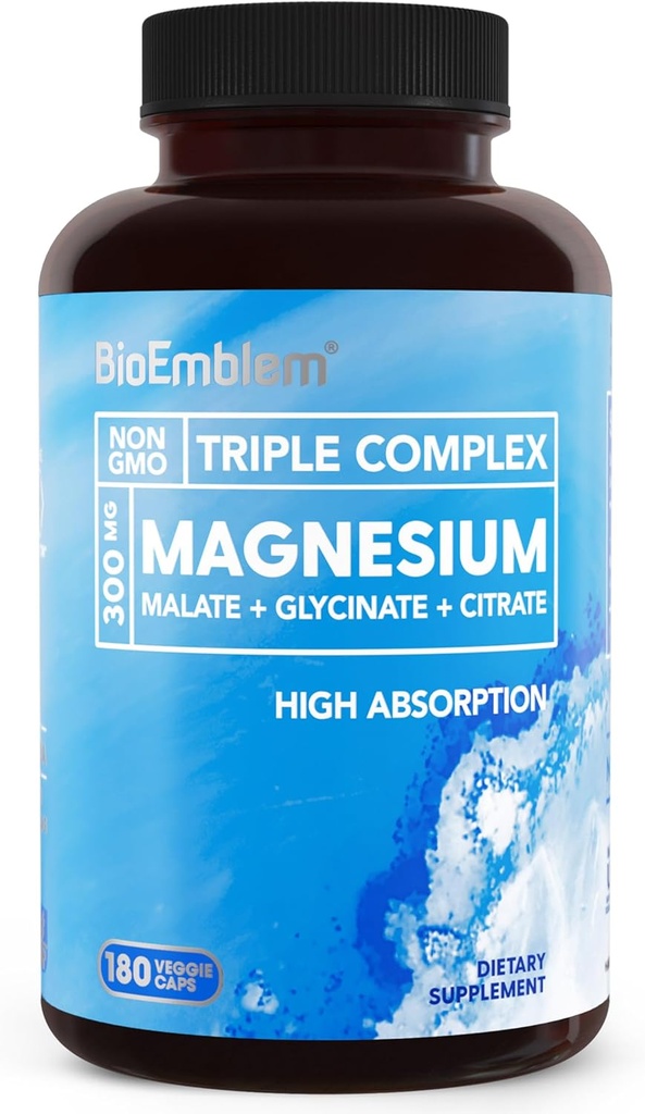 BioEmblem Triple Magnezyum Kompleksi | 300 mg of Magnezyum Glycinate, Malate, & Citrate for Muscles, Nerves, & Energy | High Abxia | Vegan, Non-GMO | 180 Capsules