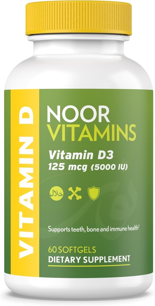 Noor Vitamins Halal Vitamin D, Halal Vitamin D3, 5000 IU Softgels, Supports Bone, Immune & Heart Health, Safflower Oil'dan Max'e Abpole, Non-GMO, Gluten Free & Halal (60 Kont) ...
