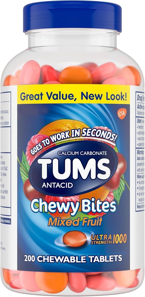 TUMS Chewy Bites Chewable Antacid Tables for Ultra Strength Heartburn Relief, Great for a Summer BBQ- Mixed Fruit - 200 Count