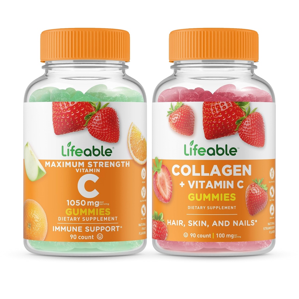 Ζωηρή βιταμίνη C 1050mg + Κολλαγόνο & Βιταμίνη C, Gummies Bundle - Μεγάλη γεύση, συμπλήρωμα βιταμίνης, χωρίς γλουτένη, GMO δωρεάν, Μασώμενο Gummy