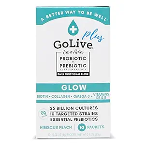 Golive Probiotics & Prebiotics for Women and Men Glow for Beauty, Sugar-Free Synbiotic Powder. +25 Blion CFUs; 10 Clinical Strains for Healthy, Immune & Digestive Health, 10 Count (Pack of 1)