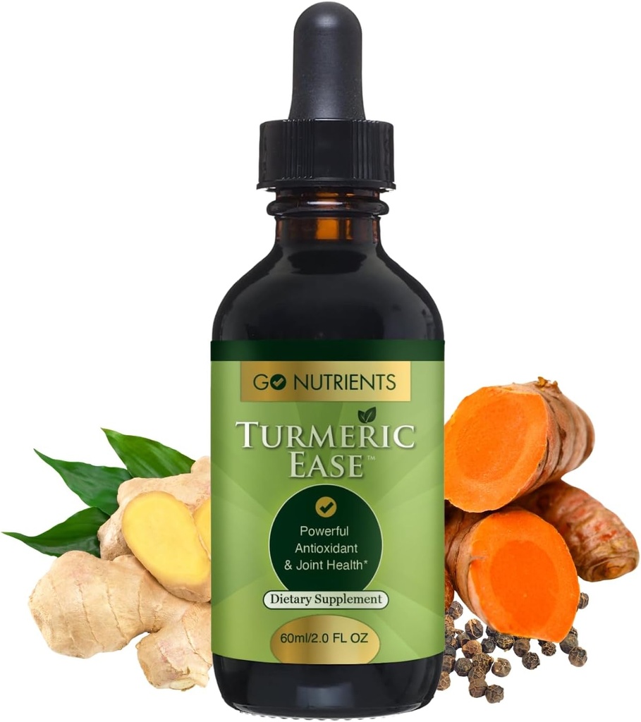 Go Nutrients Turmeric Ease - Organik Turmeric Supplement with Curcumin, Ginger & Black Pepper - Sıvı Drops Derleme Hızlı Aborpsiyon için Tincture - Ortak Sağlık ve Immune Savunma - 2oz