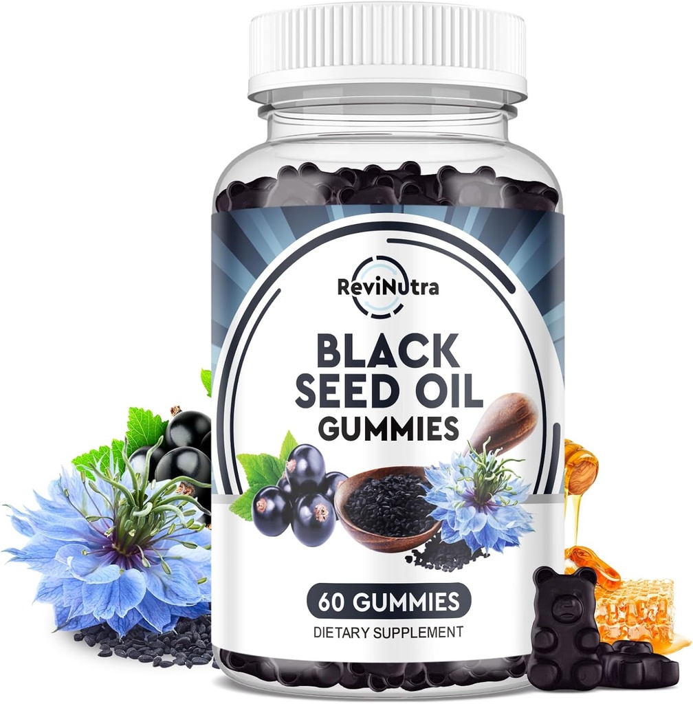 Μαύρο έλαιο σπόρων Gummies-Οργανικό κρύο Πιέζεται Nigella Sativa Μαύρο έλαιο σπόρων με μέλι, βιταμίνη Β6, C, D3, κουρκουμά, Ρόδι, Ανοσία υποστήριξης, πέψη, λειτουργία του εγκεφάλου, μαλλιά & δέρμα-60 Gummies