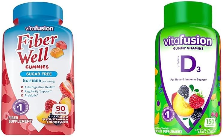 Vitafüzyon Fiber Well Sugar Free Fiber Supplement & Vitamin D3 Gummy Vitamins for Bone and Immune System Support, Peach, Blackberry ve Strawberry Flavored, 50 mcg Vitamin D, 75 Day Supply, 150 Kont Vitamin D, 75 Day Supply, 150 Count