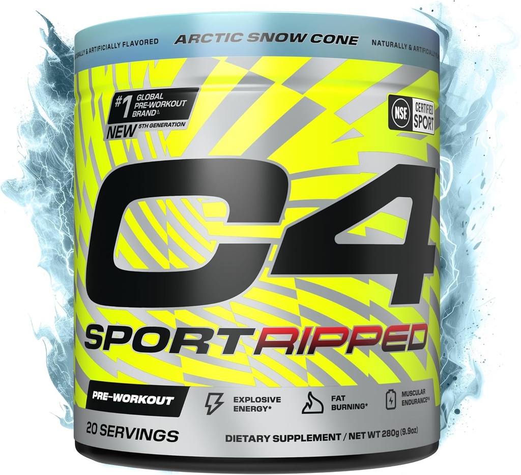 Cellucor C4 Ripped Sport Pre Workout Toz - NSF Spor için sertifikalı - 200 mg Caffeine + Cayenne Ekstraksiyon + Carnitine Tartrate + Beta-Alanine - Artic Snow Cone, 20 Hizmet