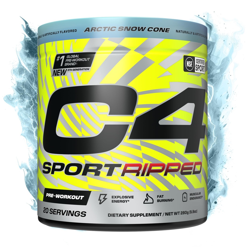 Cellucor C4 Rippped Sport Pre Workout Powder - NSF Certified for Sport - 200mg Caffeine + Cayenne Extract + Carnitine Tartrate + Beta-Alanine - Artic Snow Cone, 20 Υπηρεσίες