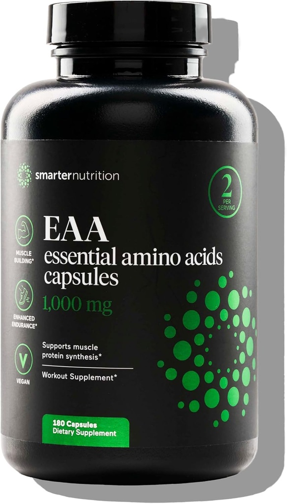 SMARTERNUTRITION Essential Amino Acids (EAA) Κάψουλες - 1 γραμμάριο ανά υπηρεσία όλων των 9 EAA - Υποστηρίζει μυϊκή μάζα & άσκηση - μη GMO, Vegan, χωρίς γλουτένη - 180 Count[90-Day Supply]