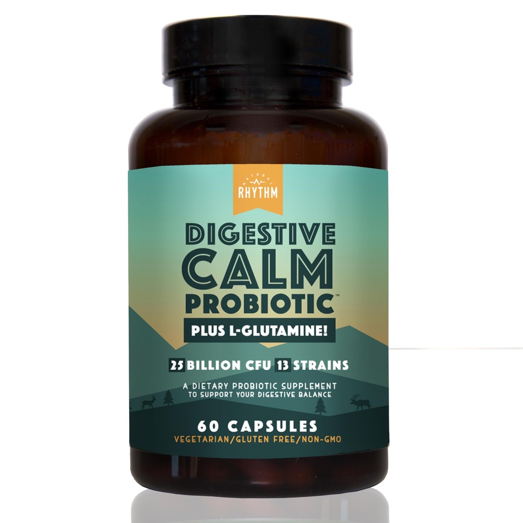 Φυσικό Rhythm Digestive Calm Probiotic (Plus L-Glutamine) 25 Δισεκατομμύρια CFU και 13 Strains. - Φυσική Υποστήριξη για Καλύτερη Πέψη - για Μπλόφα & Δυσκοιλιότητα + Αρωγή Αερίου & Λίπη Gut - 60 Κάψουλες.