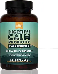 Doğal Rhythm Digestive Calm Probiyotik (Plus L-Glutamine) 25 Milyar CFU ve 13 Strains. - Daha İyi Digestion için Doğal Destek - Bloating & Constipation + Gas Relief & Leaky Gut - 60 Capsules.
