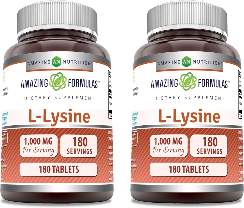 Amazing Formulas L-Lysine 1000 mg Amino Asit Tabletleri Tamam | Non-GMO | Gluten Free | Made in USA (180 | 2 Pack)