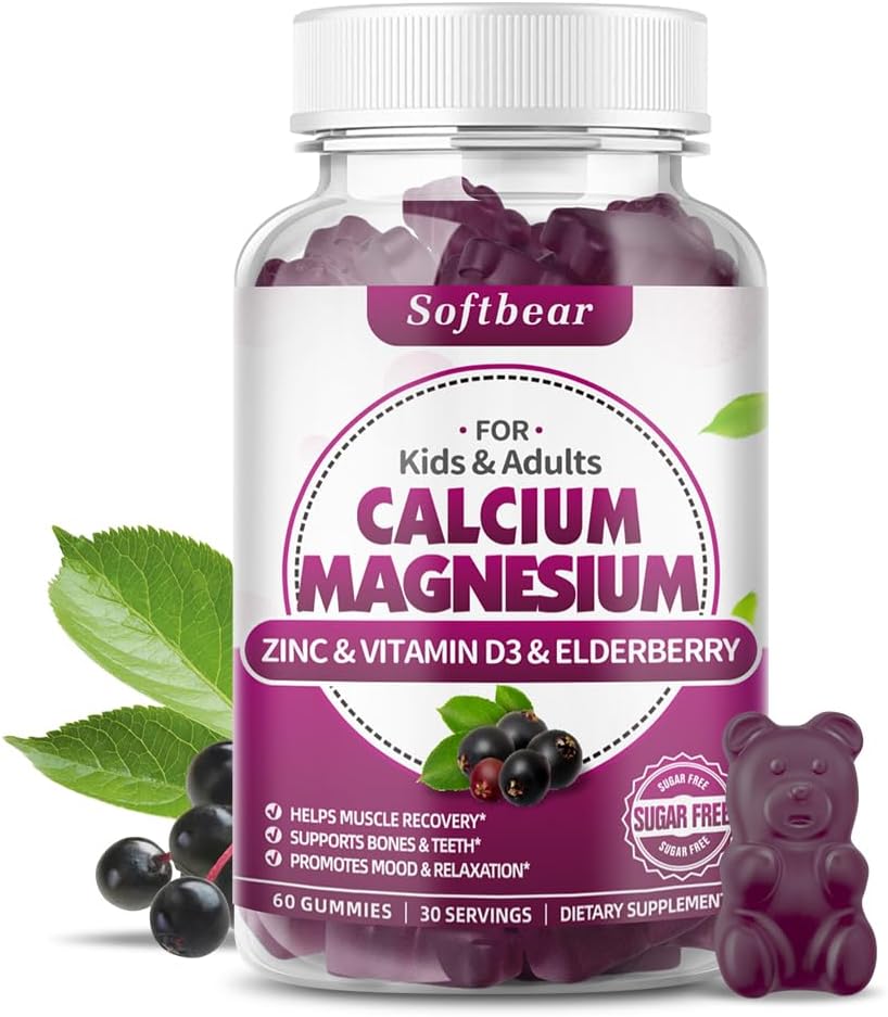 Kadınlar için yumuşak borulu çinko Magnezyum Gummies, Yüksek Abhidrolik Magnezyum Supplement for Bone Strength, Sugar-Free, Vegan, Elderberry 60 Gummies