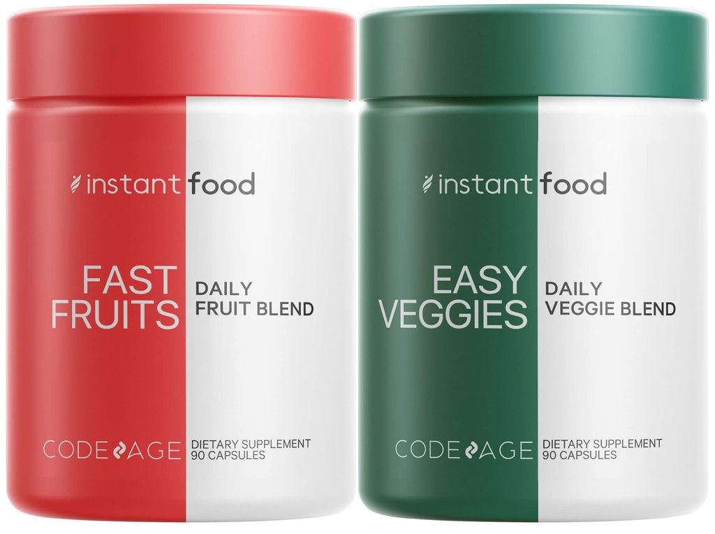 Codeage Instantfood Easy Veggies + Fast Fruits Vitamins Bundle, 30+ Daily Λαχανικά & Φρούτα Σκόνες, Ολόκληρα τρόφιμα Πράσινο, πολυβιταμίνη, Ίνες, Vegan Superfood Minerals Συμπλήρωμα - 180 κάψουλες